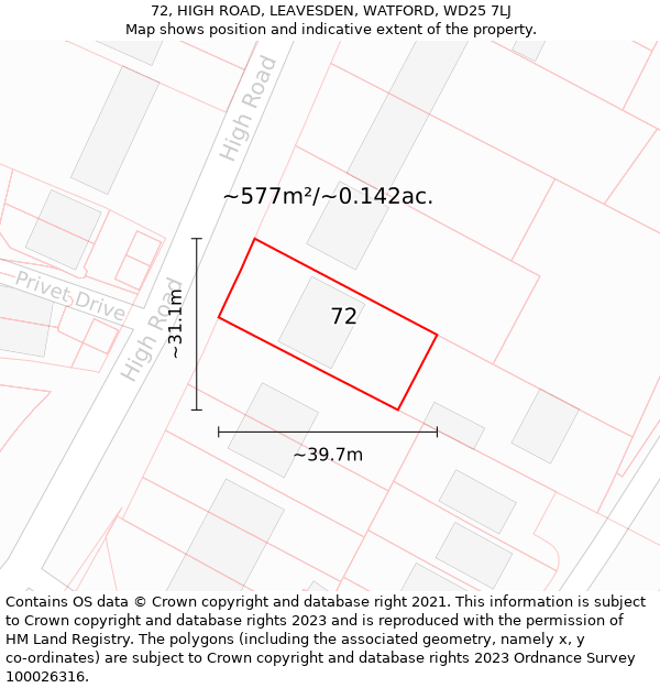 72, HIGH ROAD, LEAVESDEN, WATFORD, WD25 7LJ: Plot and title map