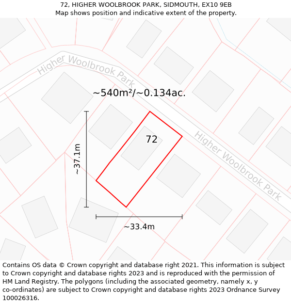 72, HIGHER WOOLBROOK PARK, SIDMOUTH, EX10 9EB: Plot and title map