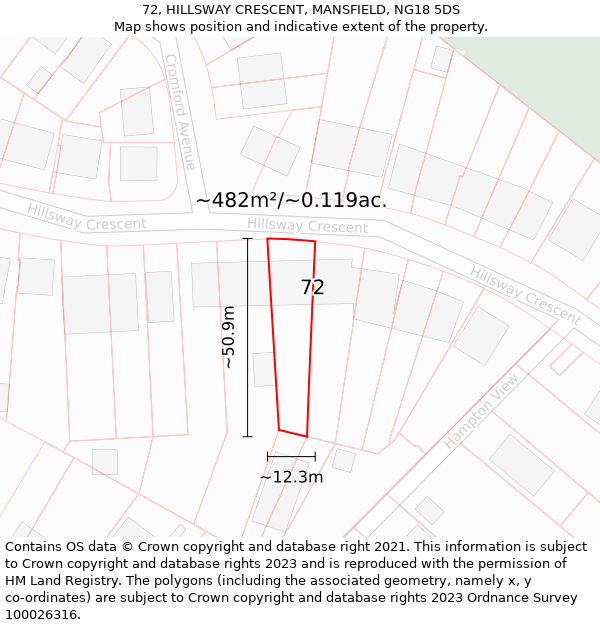 72, HILLSWAY CRESCENT, MANSFIELD, NG18 5DS: Plot and title map