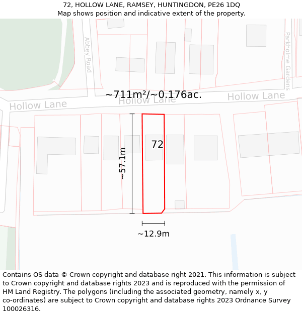 72, HOLLOW LANE, RAMSEY, HUNTINGDON, PE26 1DQ: Plot and title map