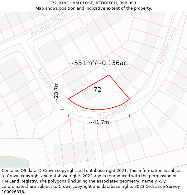 72, KINGHAM CLOSE, REDDITCH, B98 0SB: Plot and title map