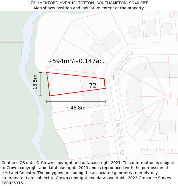 72, LACKFORD AVENUE, TOTTON, SOUTHAMPTON, SO40 9BT: Plot and title map