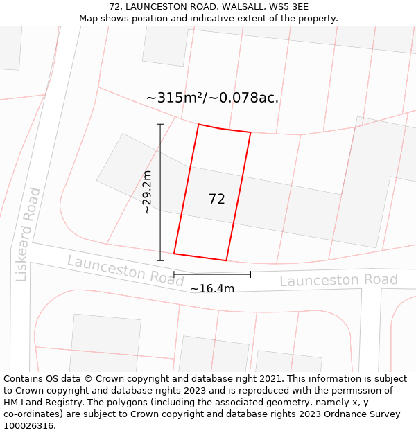 72, LAUNCESTON ROAD, WALSALL, WS5 3EE: Plot and title map