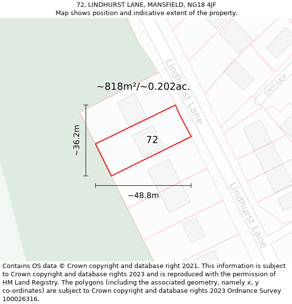 72, LINDHURST LANE, MANSFIELD, NG18 4JF: Plot and title map
