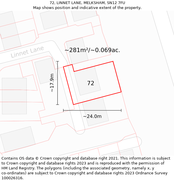 72, LINNET LANE, MELKSHAM, SN12 7FU: Plot and title map