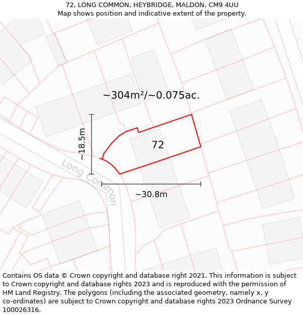 72, LONG COMMON, HEYBRIDGE, MALDON, CM9 4UU: Plot and title map