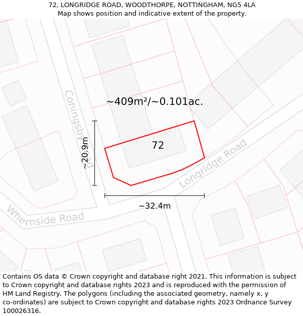 72, LONGRIDGE ROAD, WOODTHORPE, NOTTINGHAM, NG5 4LA: Plot and title map