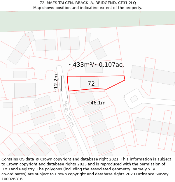 72, MAES TALCEN, BRACKLA, BRIDGEND, CF31 2LQ: Plot and title map