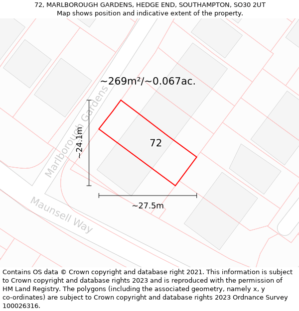 72, MARLBOROUGH GARDENS, HEDGE END, SOUTHAMPTON, SO30 2UT: Plot and title map