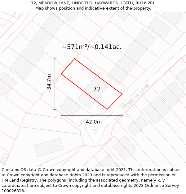 72, MEADOW LANE, LINDFIELD, HAYWARDS HEATH, RH16 2RL: Plot and title map