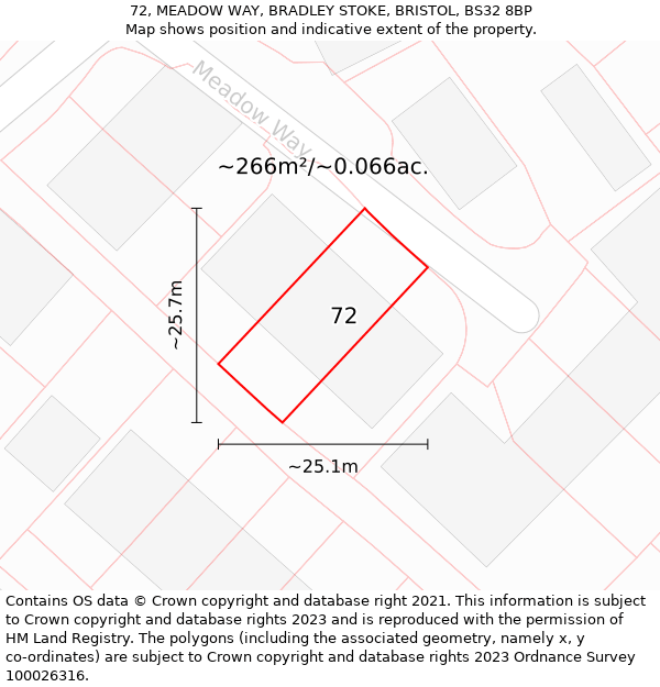 72, MEADOW WAY, BRADLEY STOKE, BRISTOL, BS32 8BP: Plot and title map