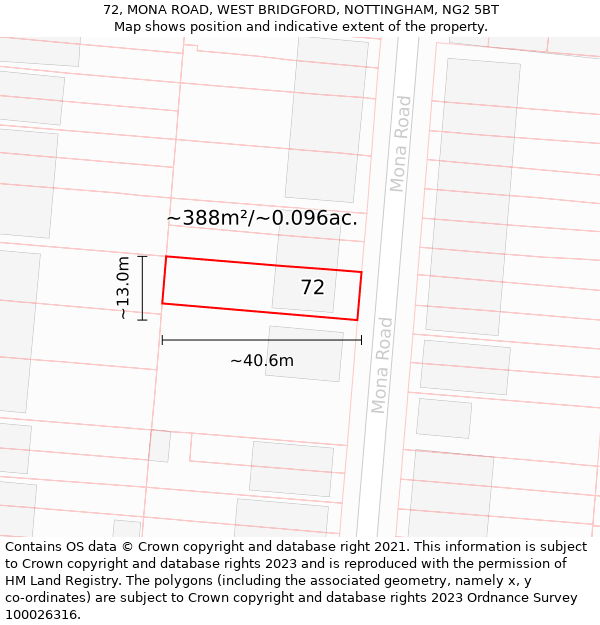 72, MONA ROAD, WEST BRIDGFORD, NOTTINGHAM, NG2 5BT: Plot and title map