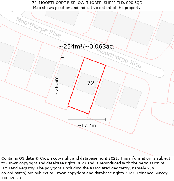 72, MOORTHORPE RISE, OWLTHORPE, SHEFFIELD, S20 6QD: Plot and title map