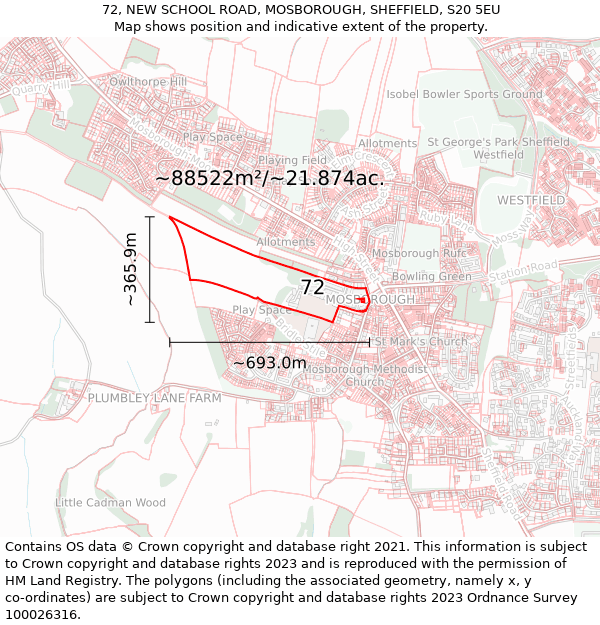 72, NEW SCHOOL ROAD, MOSBOROUGH, SHEFFIELD, S20 5EU: Plot and title map