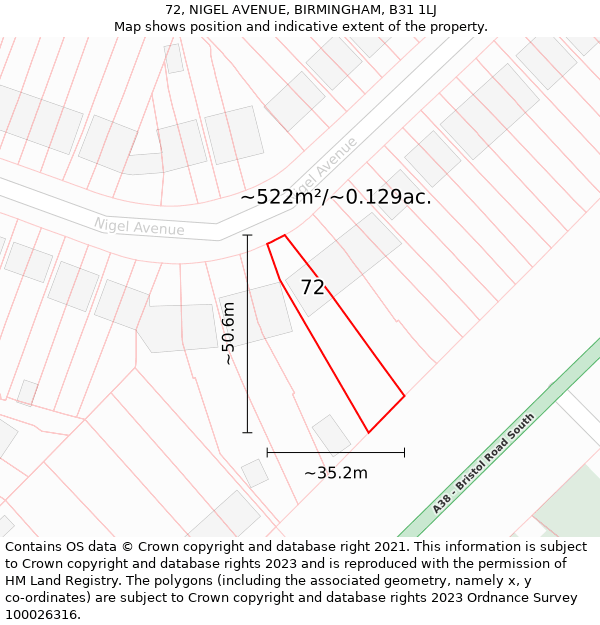 72, NIGEL AVENUE, BIRMINGHAM, B31 1LJ: Plot and title map