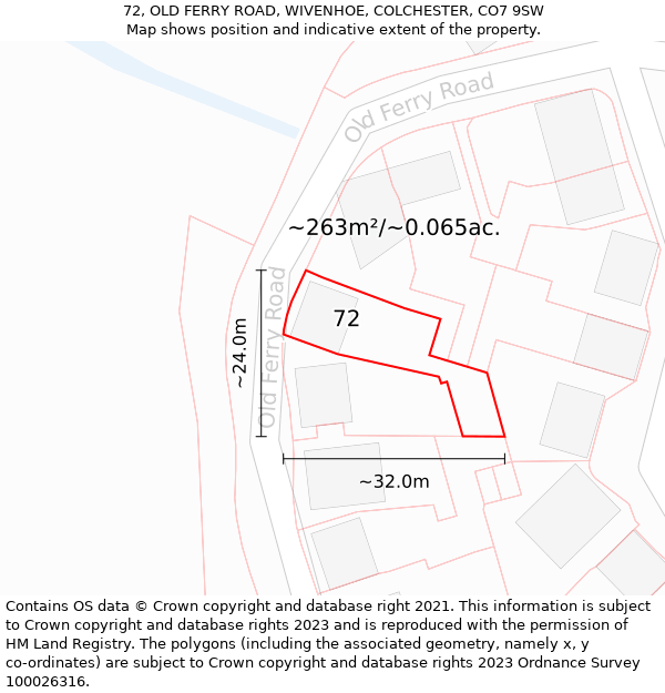 72, OLD FERRY ROAD, WIVENHOE, COLCHESTER, CO7 9SW: Plot and title map