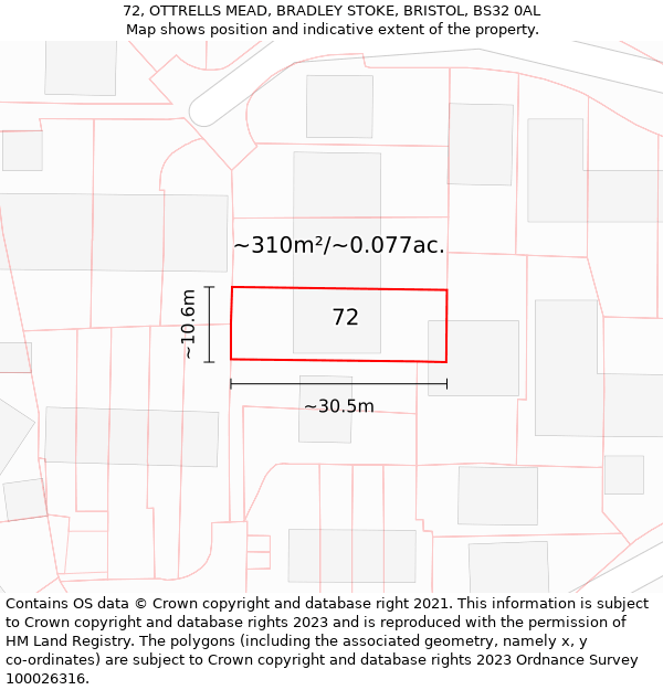 72, OTTRELLS MEAD, BRADLEY STOKE, BRISTOL, BS32 0AL: Plot and title map