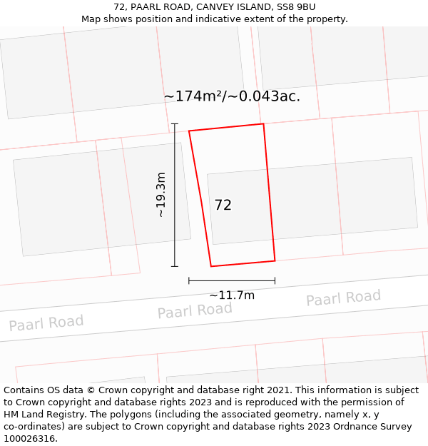 72, PAARL ROAD, CANVEY ISLAND, SS8 9BU: Plot and title map