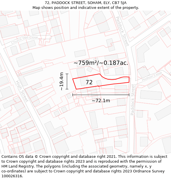 72, PADDOCK STREET, SOHAM, ELY, CB7 5JA: Plot and title map