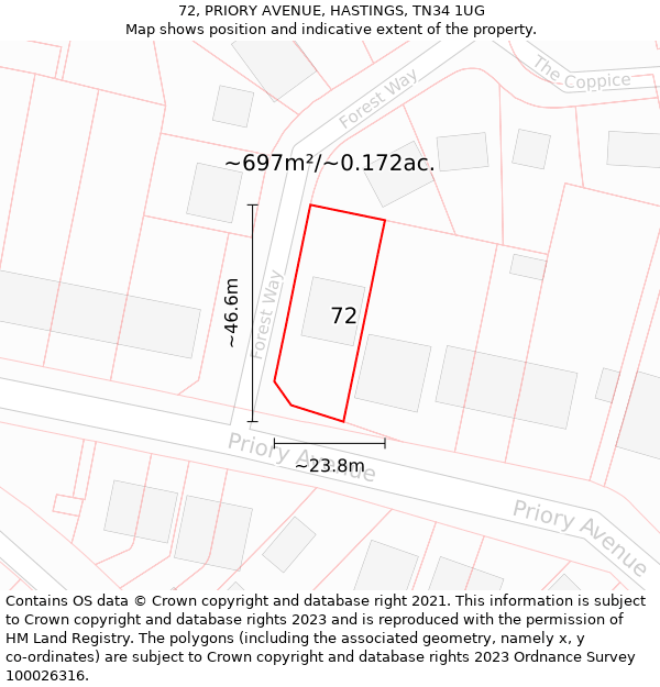 72, PRIORY AVENUE, HASTINGS, TN34 1UG: Plot and title map