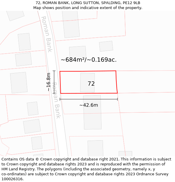 72, ROMAN BANK, LONG SUTTON, SPALDING, PE12 9LB: Plot and title map