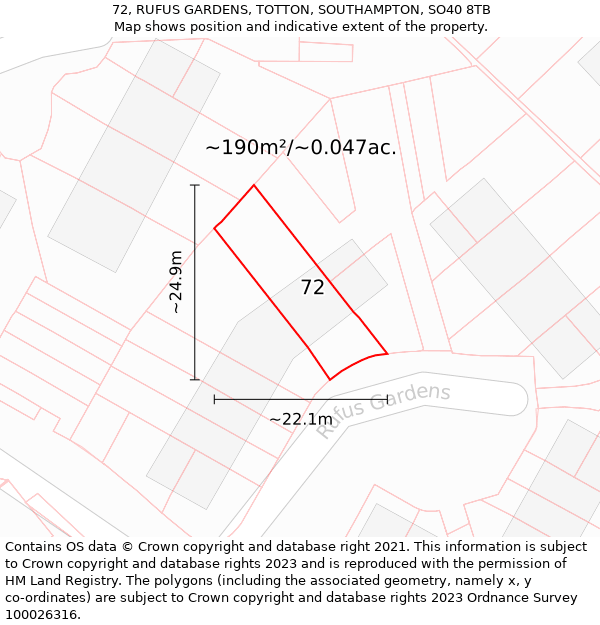 72, RUFUS GARDENS, TOTTON, SOUTHAMPTON, SO40 8TB: Plot and title map