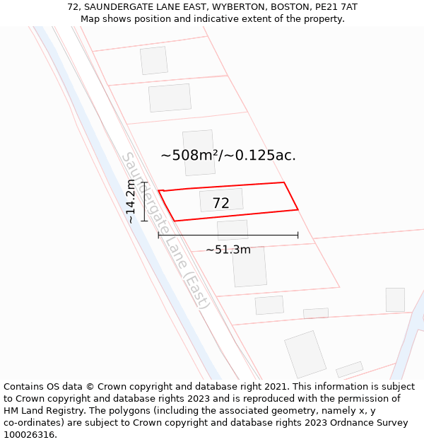 72, SAUNDERGATE LANE EAST, WYBERTON, BOSTON, PE21 7AT: Plot and title map