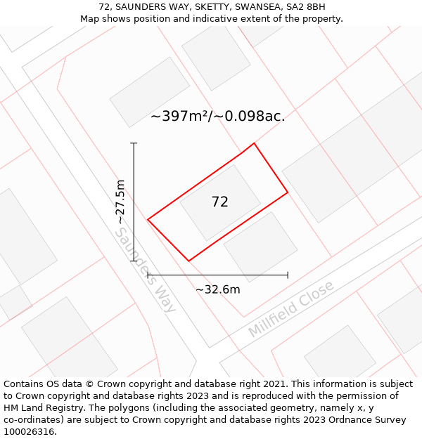 72, SAUNDERS WAY, SKETTY, SWANSEA, SA2 8BH: Plot and title map