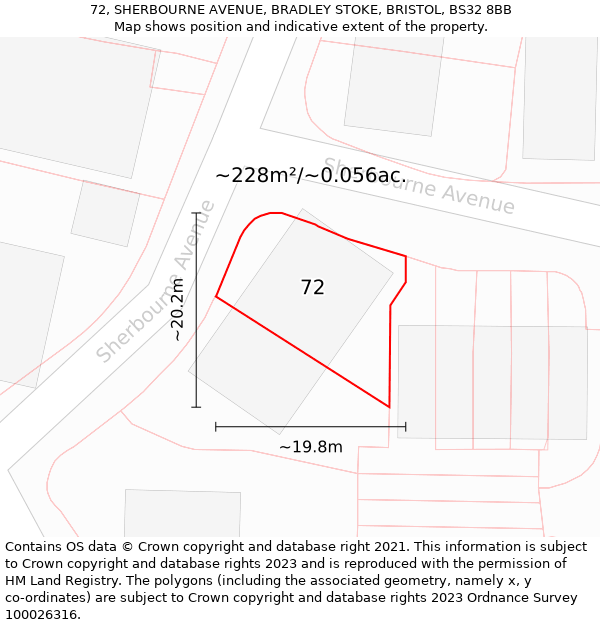 72, SHERBOURNE AVENUE, BRADLEY STOKE, BRISTOL, BS32 8BB: Plot and title map