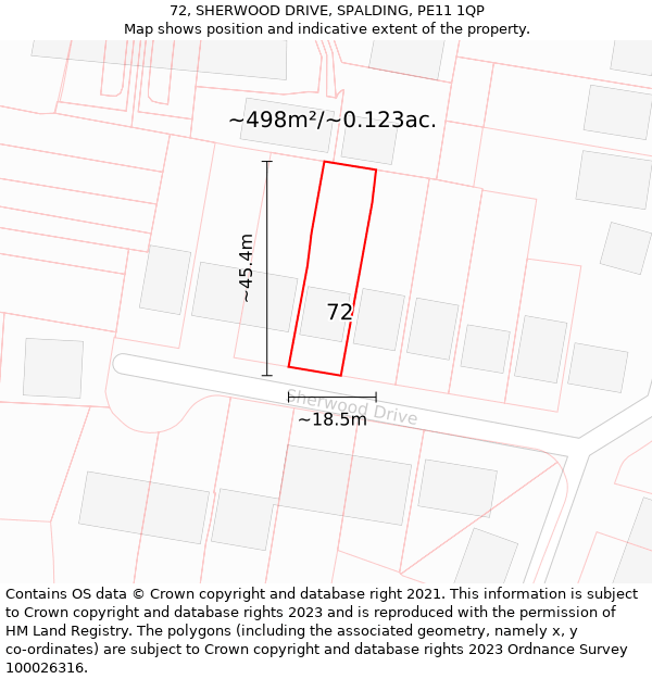 72, SHERWOOD DRIVE, SPALDING, PE11 1QP: Plot and title map