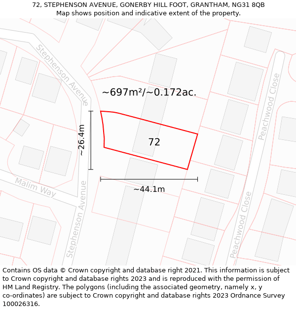 72, STEPHENSON AVENUE, GONERBY HILL FOOT, GRANTHAM, NG31 8QB: Plot and title map