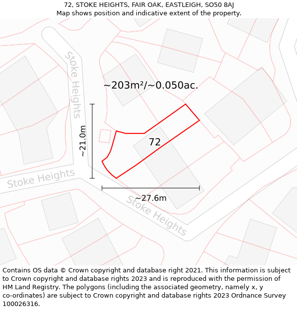 72, STOKE HEIGHTS, FAIR OAK, EASTLEIGH, SO50 8AJ: Plot and title map