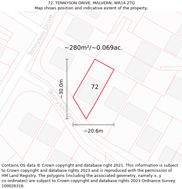 72, TENNYSON DRIVE, MALVERN, WR14 2TQ: Plot and title map