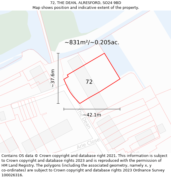 72, THE DEAN, ALRESFORD, SO24 9BD: Plot and title map