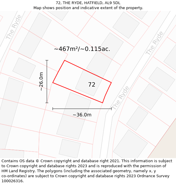 72, THE RYDE, HATFIELD, AL9 5DL: Plot and title map