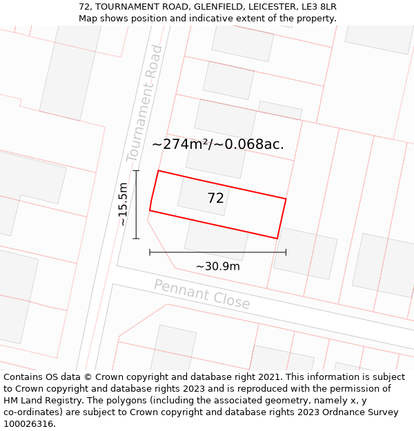 72, TOURNAMENT ROAD, GLENFIELD, LEICESTER, LE3 8LR: Plot and title map