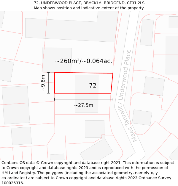 72, UNDERWOOD PLACE, BRACKLA, BRIDGEND, CF31 2LS: Plot and title map