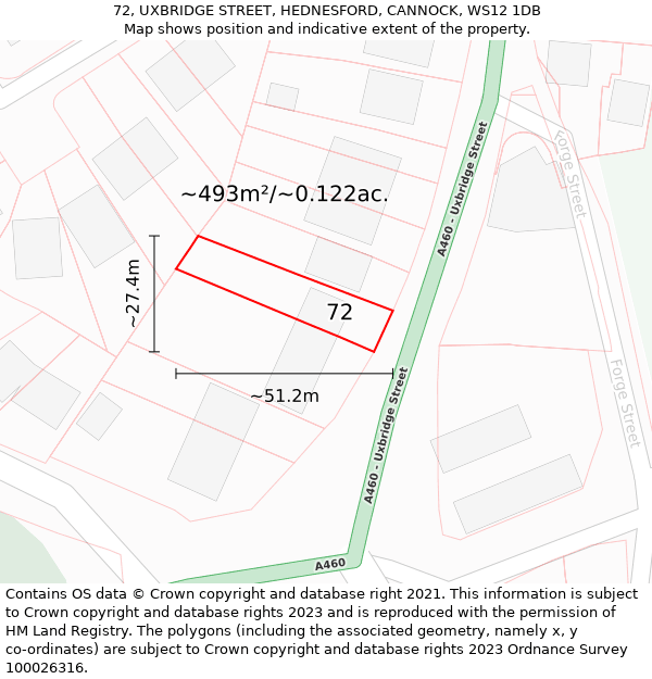 72, UXBRIDGE STREET, HEDNESFORD, CANNOCK, WS12 1DB: Plot and title map
