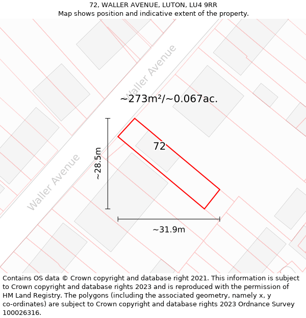 72, WALLER AVENUE, LUTON, LU4 9RR: Plot and title map