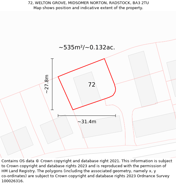 72, WELTON GROVE, MIDSOMER NORTON, RADSTOCK, BA3 2TU: Plot and title map