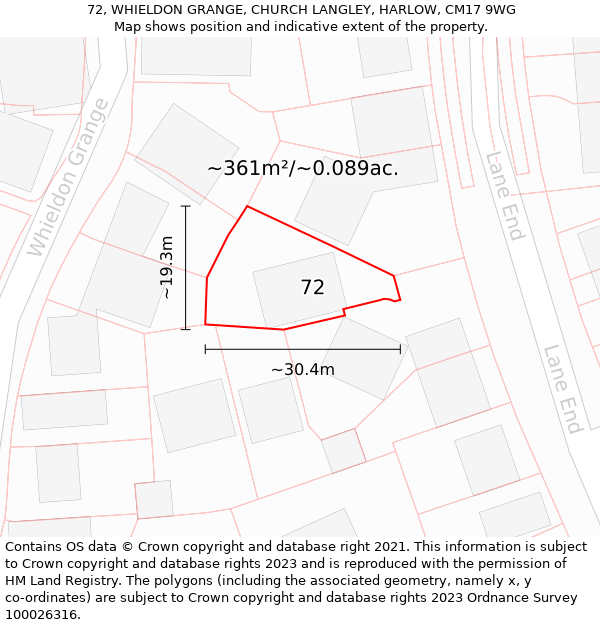 72, WHIELDON GRANGE, CHURCH LANGLEY, HARLOW, CM17 9WG: Plot and title map