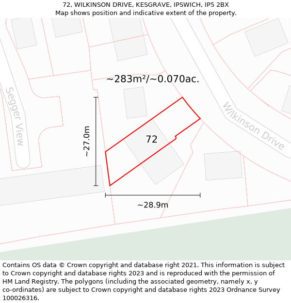 72, WILKINSON DRIVE, KESGRAVE, IPSWICH, IP5 2BX: Plot and title map