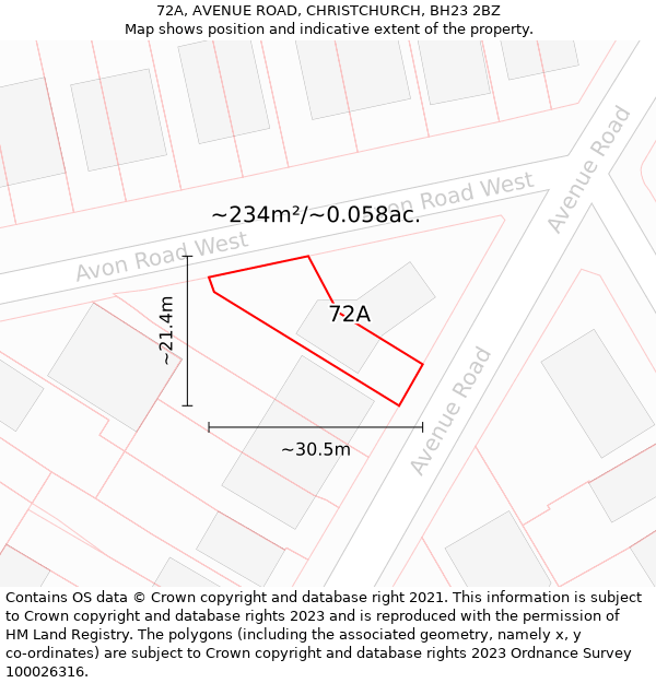 72A, AVENUE ROAD, CHRISTCHURCH, BH23 2BZ: Plot and title map