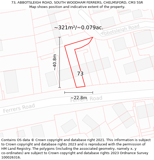 73, ABBOTSLEIGH ROAD, SOUTH WOODHAM FERRERS, CHELMSFORD, CM3 5SR: Plot and title map