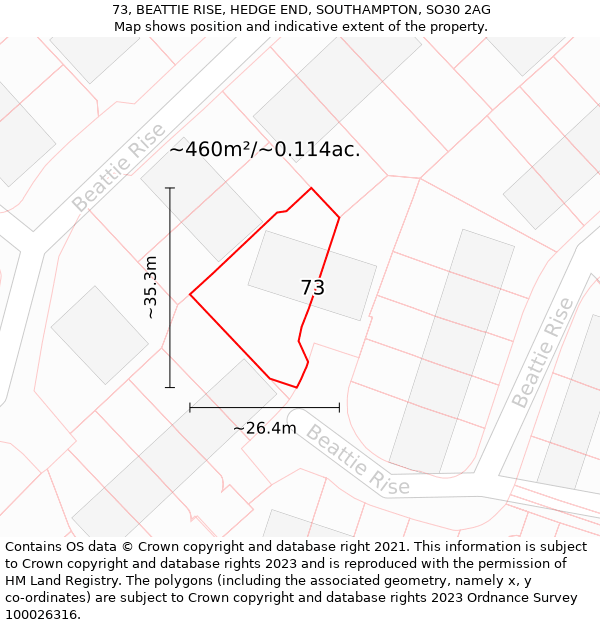 73, BEATTIE RISE, HEDGE END, SOUTHAMPTON, SO30 2AG: Plot and title map