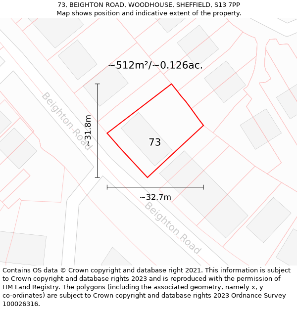73, BEIGHTON ROAD, WOODHOUSE, SHEFFIELD, S13 7PP: Plot and title map