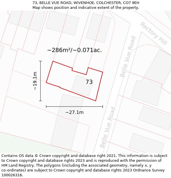 73, BELLE VUE ROAD, WIVENHOE, COLCHESTER, CO7 9EH: Plot and title map