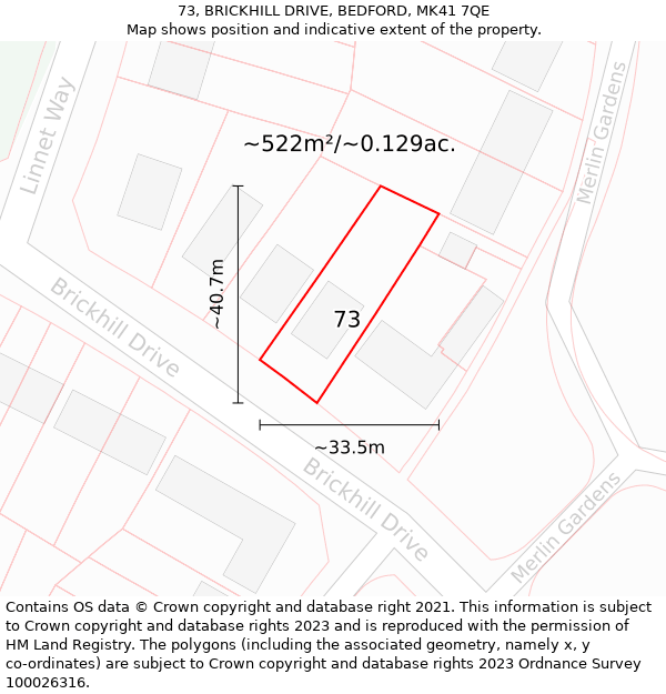 73, BRICKHILL DRIVE, BEDFORD, MK41 7QE: Plot and title map