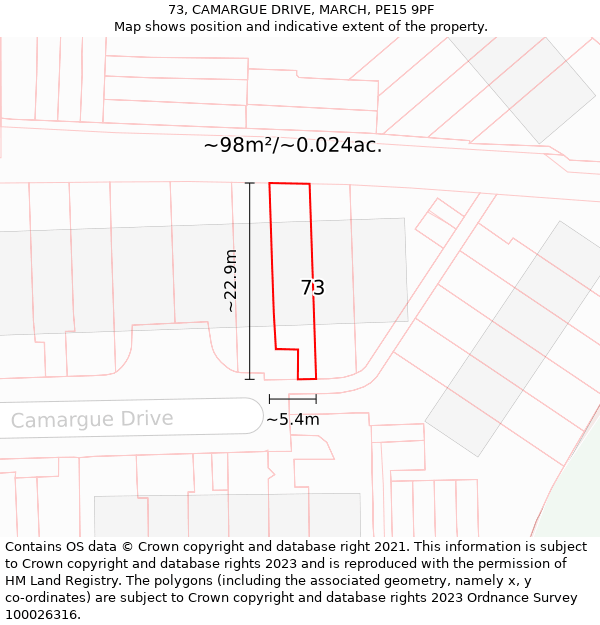 73, CAMARGUE DRIVE, MARCH, PE15 9PF: Plot and title map