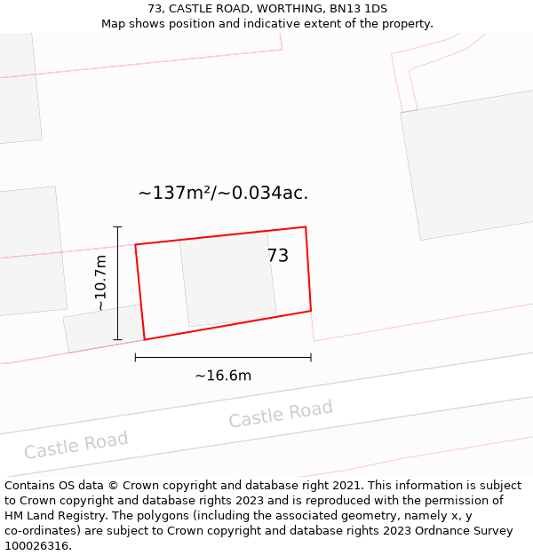 73, CASTLE ROAD, WORTHING, BN13 1DS: Plot and title map